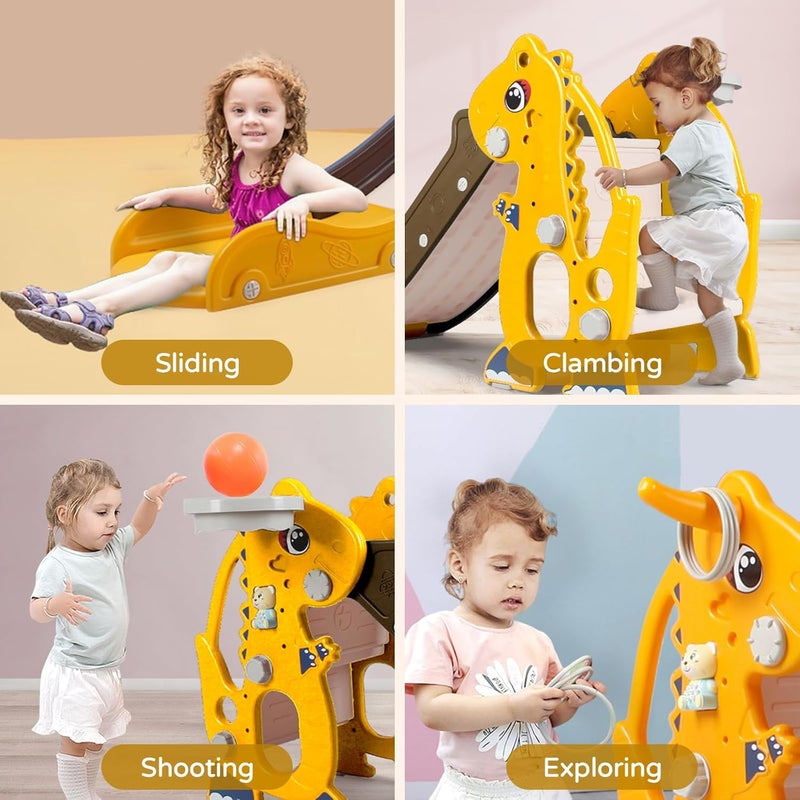 Sephyroth Kids Slide for Toddler - 4 in 1 Indoor Plastic Freestanding Slide for Toddler Outdoor Playground Climber Slide Playset with Basketball Hoop & Ring Game (Dinosaur Yellow) - Image 2